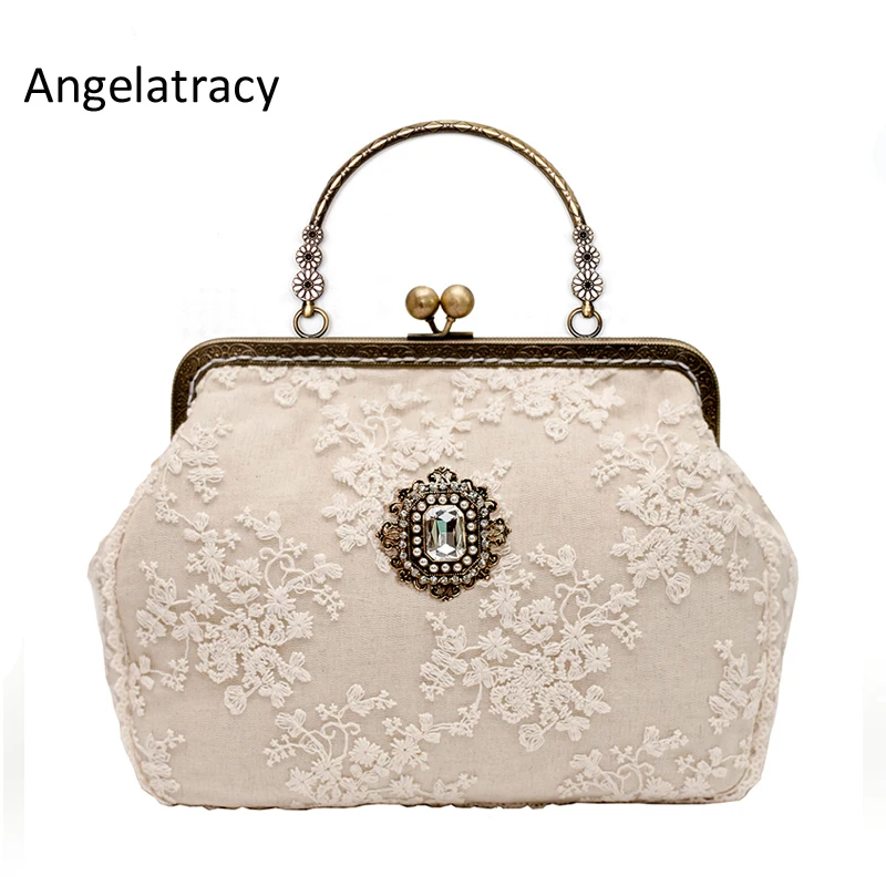 Angelatracy Beige Lace Designer Handbags High Quality Diamond Vintage Woman Bag 2018 Metal Frame ...