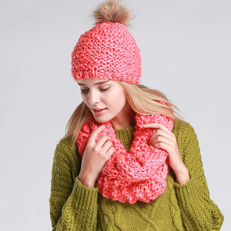 Модный комплект из 2 предметов, женская шапка, шарф, Винер, шапка и шарф, женский теплый шерстяной вязаный ансамбль, шапка - Цвет: pink set