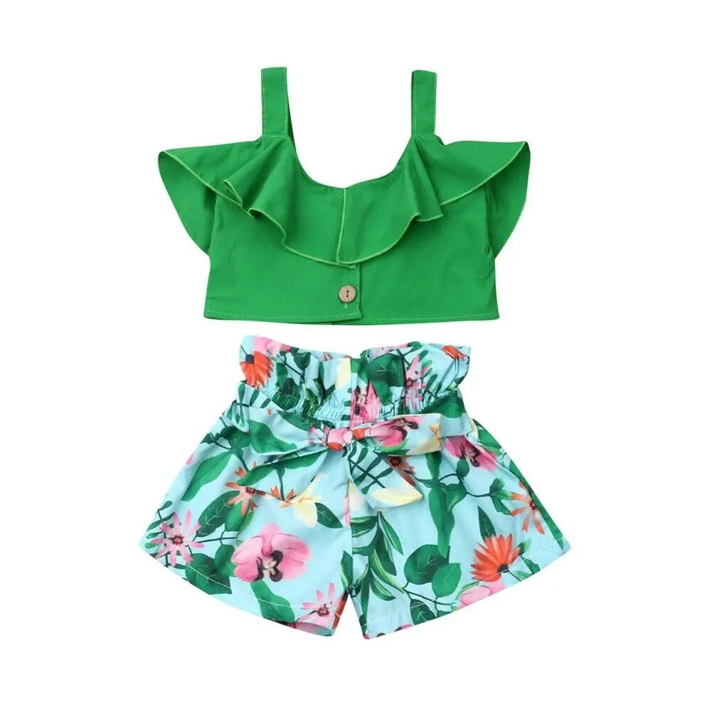 

Flamingo Toddler Baby Girls 1-6Y Clothes Sets Green Vest Crop Tops Short Pants Outfits Clothes