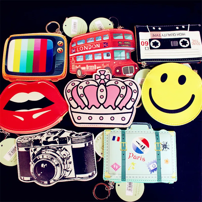 

New Creative Cartoon Smiling Face Bus Camera Crown TV Lips PU Leather Zero Wallet Girls Cool Coin Purses Kids Zipper Change Bags