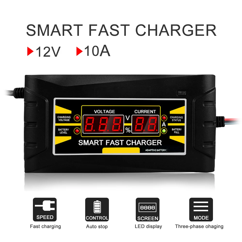 ЕС Plug полный автоматический Смарт 12 В в 10A свинцово-кислотная/гель батарея зарядное устройство ж/ЖК-дисплей Smart Car быстро зарядное устройство