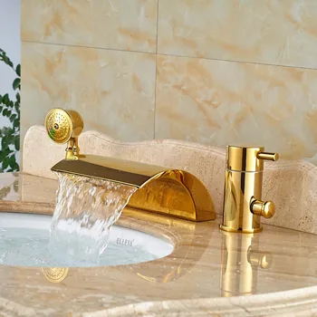 

Modren Gold Brass Waterfall Spout Bathtub 3pcs Faucet One Handle Mixer Tap