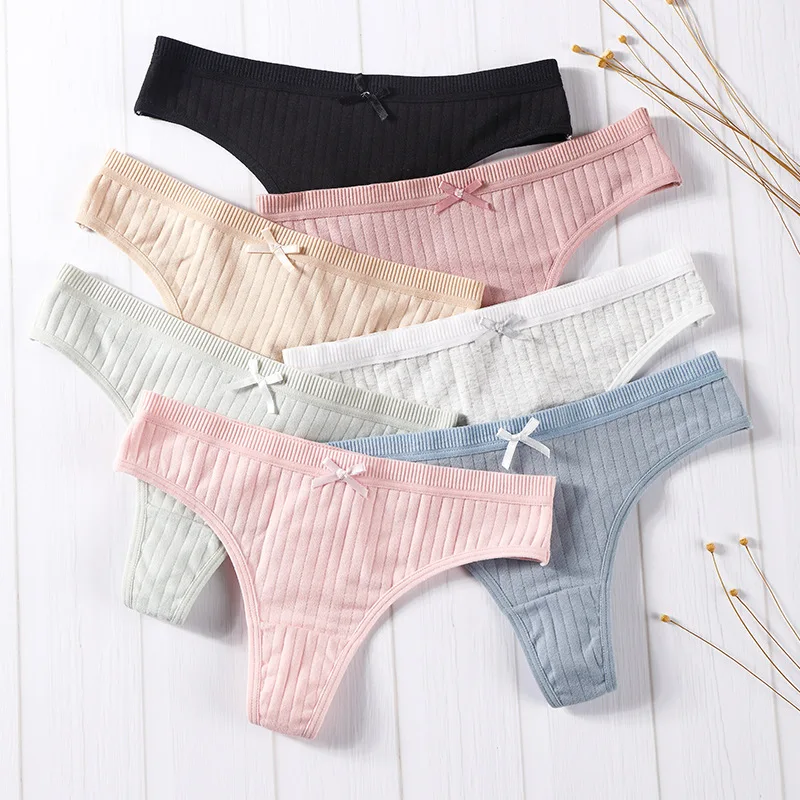 

2Pcs Sexy Women's Cotton Panties Pants Underwear Women Thong Underpants Women's Thongs String Lingerie Solid Low Rise Bow Briefs