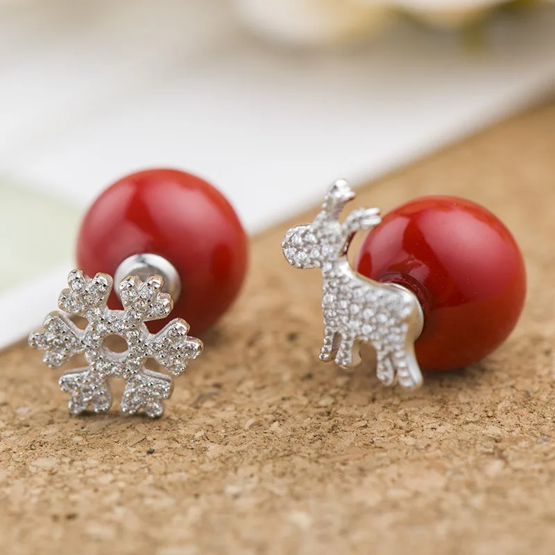 

HeeZen New Arrival Popular Red Pearl Snowflake & Deer Stud Earrings Asymmetrical Special Christmas Best Gift Earrings for Women