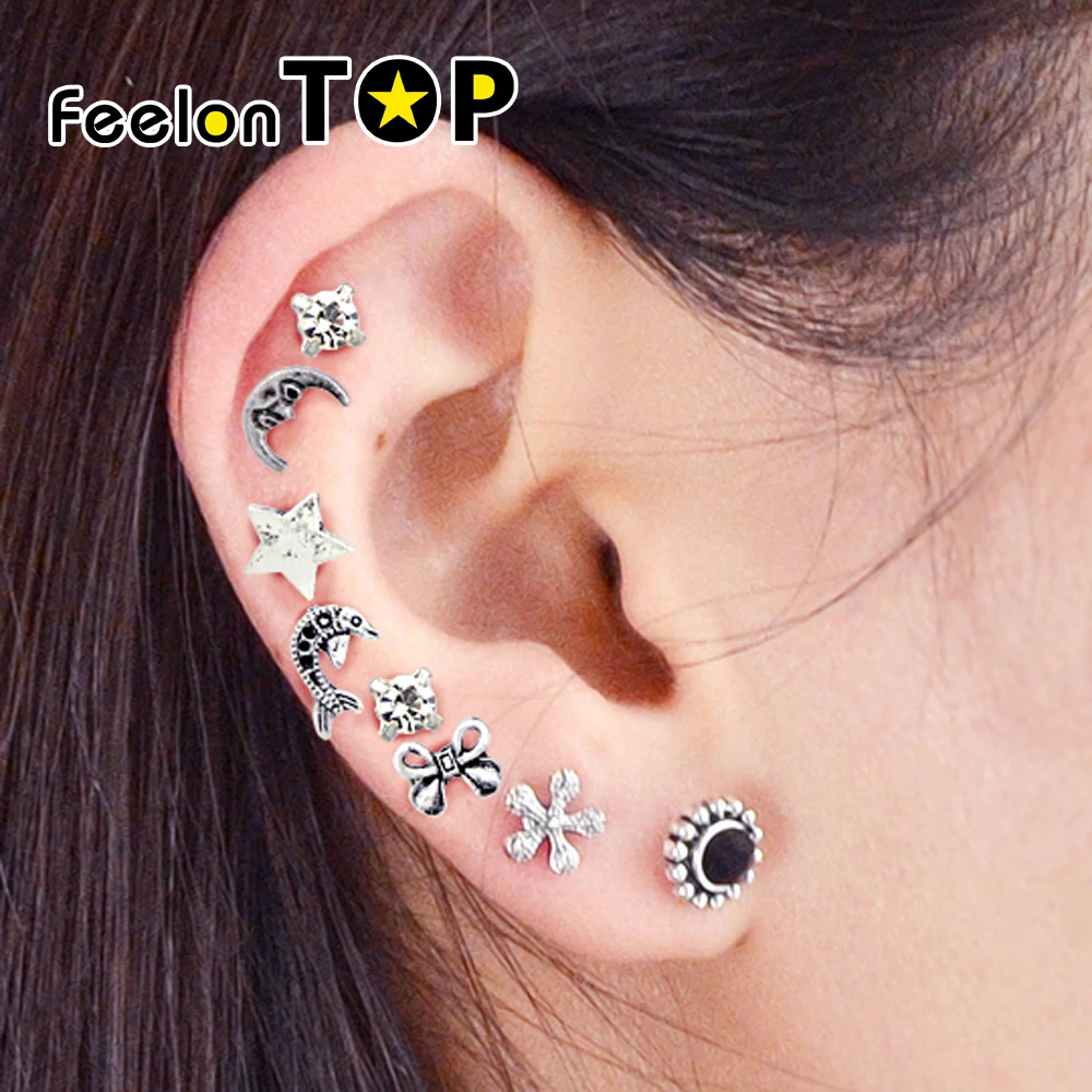 8pcs/set Boho Chic Ear Cuff Cartilage Earrings Antique Silver Color with Rhinestone Flower Star