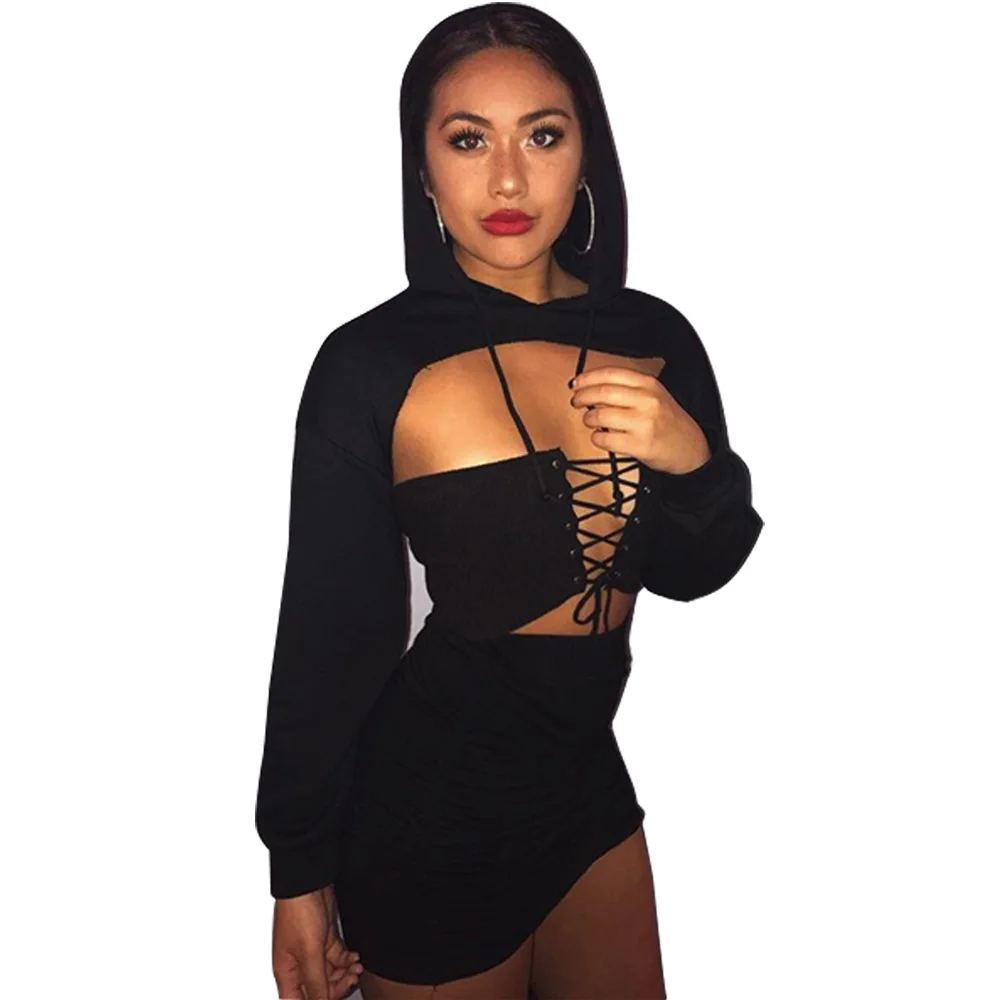 

TXJRH Sexy Chest Hollow Out Long Sleeve Sweatshirts Casual Fashion Women Hooded Pullover Street Crop Short Tops 4 Colors Autumn