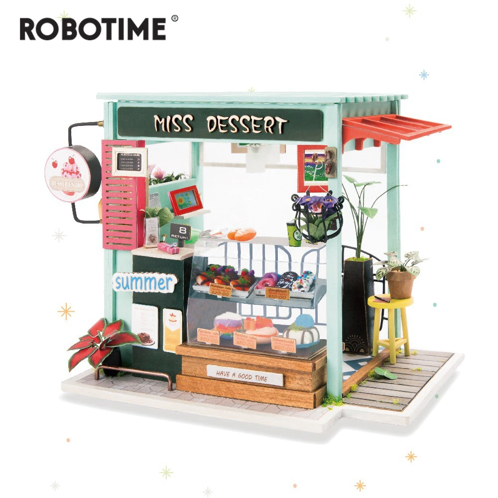 

Robot DIY Ice Cream Shop Puzzle Furniture Miniature Wooden Doll House Model Construction Toy House Toys Child Adult Gift jooyoo
