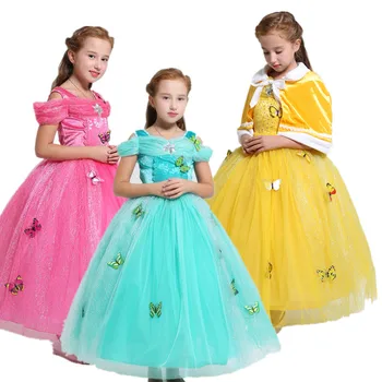 

Children Sleeping Beauty Beauty and the Beast Belle Princess Long Party Girl Dress Kids Halloween Cosplay Costume Xmas