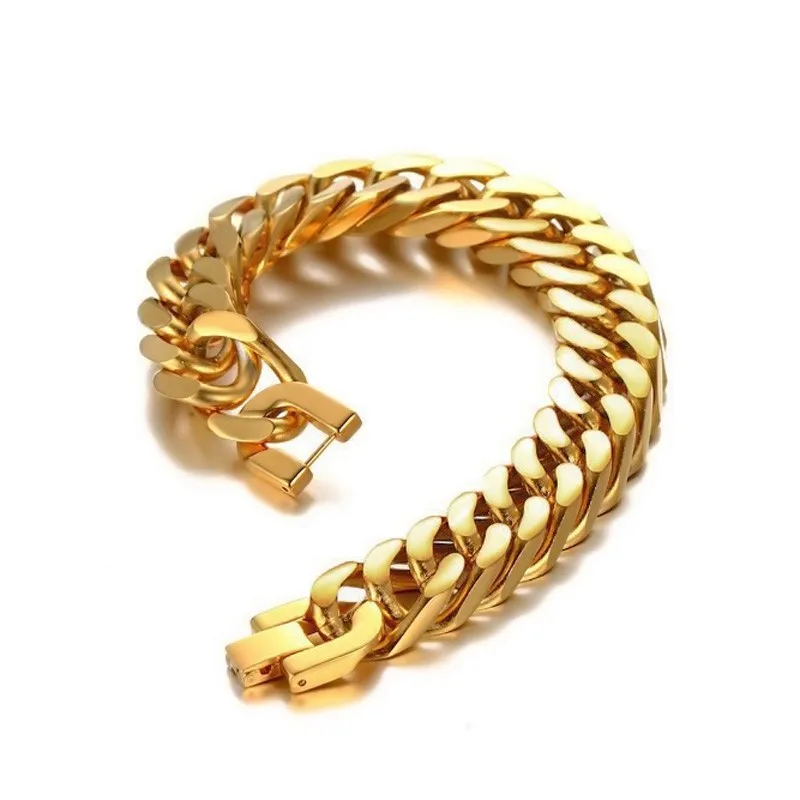 Mens Chain Link Bracelet 15mm Wide Stainless Steel Wrist Band Hand Gold