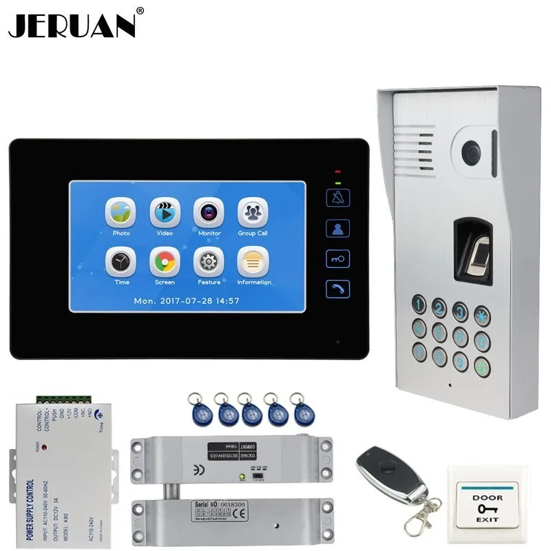 JERUAN 7 inch Video Doorbell Door Phone Intercom System Kit Record Monitor+Metal Fingerprint Code Keypad Camera FREE SHIPPING