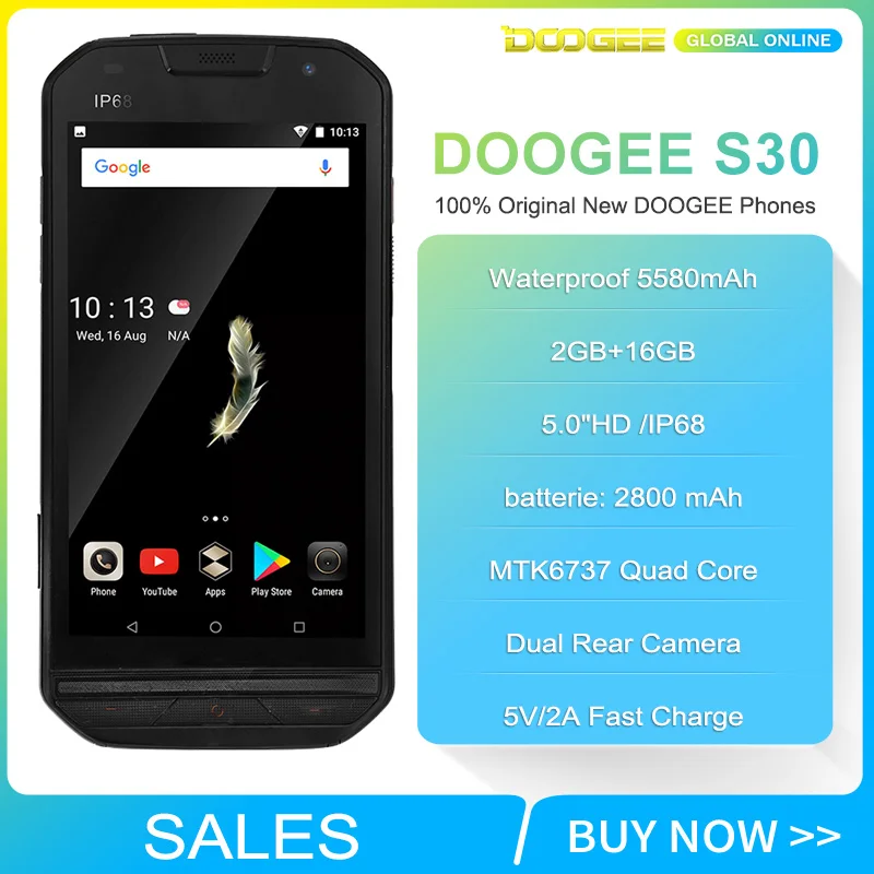 DOOGEE S30 смартфон с 5 дюймовым дисплеем четырёхъядерным процессором MTK6737 ОЗУ 2 Гб ПЗУ