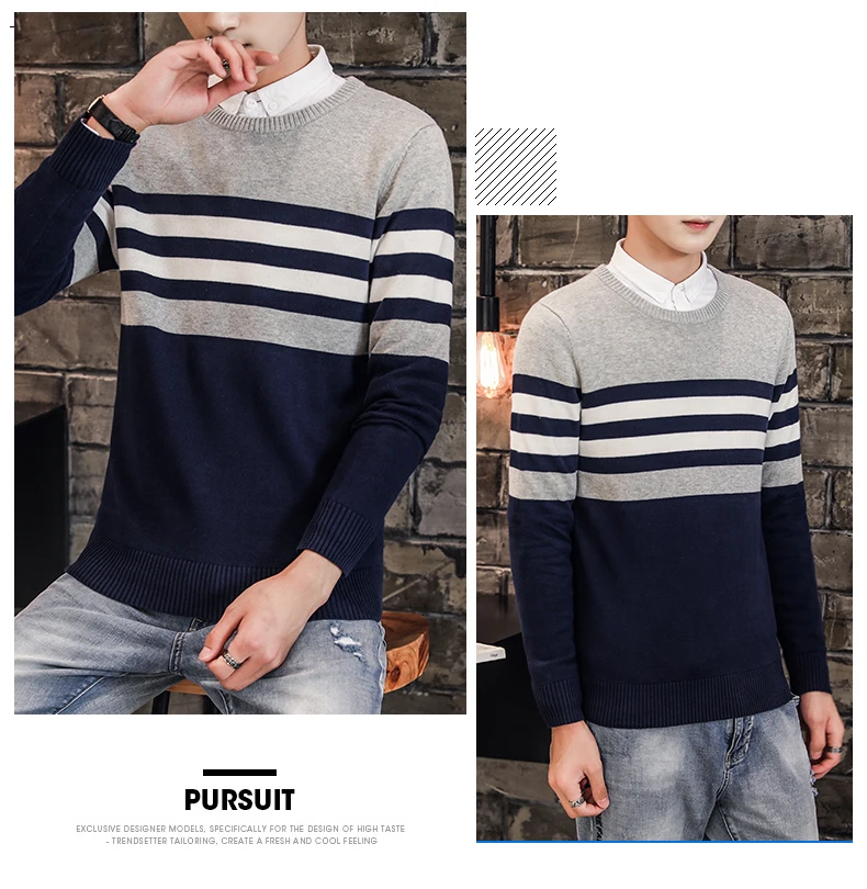 New Brand Casual Sweater Men O-Neck Striped Slim Fit Men Long Sleeve Patchwork Male Pollover Sweater Thin Clothes agasalho masc