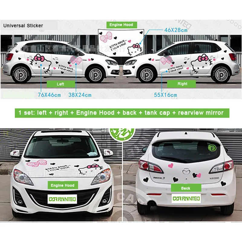 7pcs Hello Kitty Decal Car Stickers Fuel Tank Doors Rear View Mirror