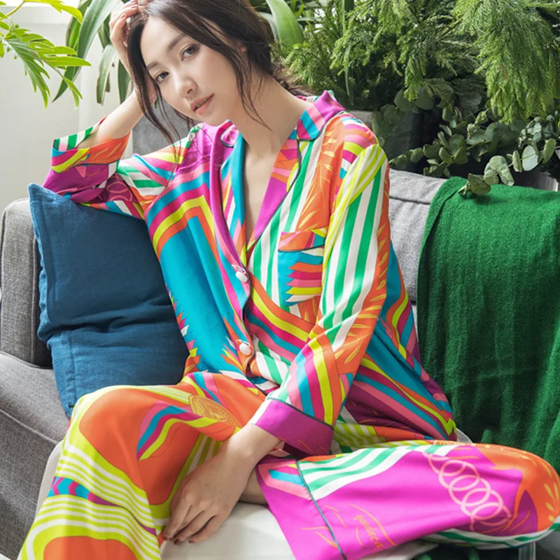 Еще раз шелковые пижамы женские весенние корейские модные пижамы размера плюс кардиган с длинными рукавами длинные брюки Костюм Сексуальная атласная пижама