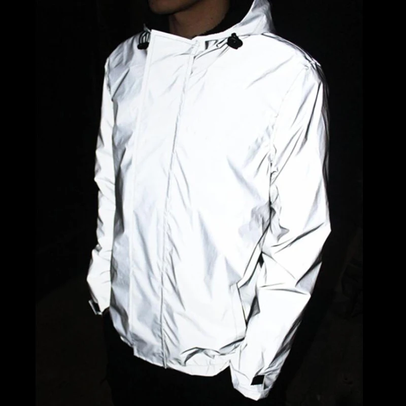

2019 men's 3M reflective glance hooded windbreaker with high quality velvet warm reflective jacket can be customized design