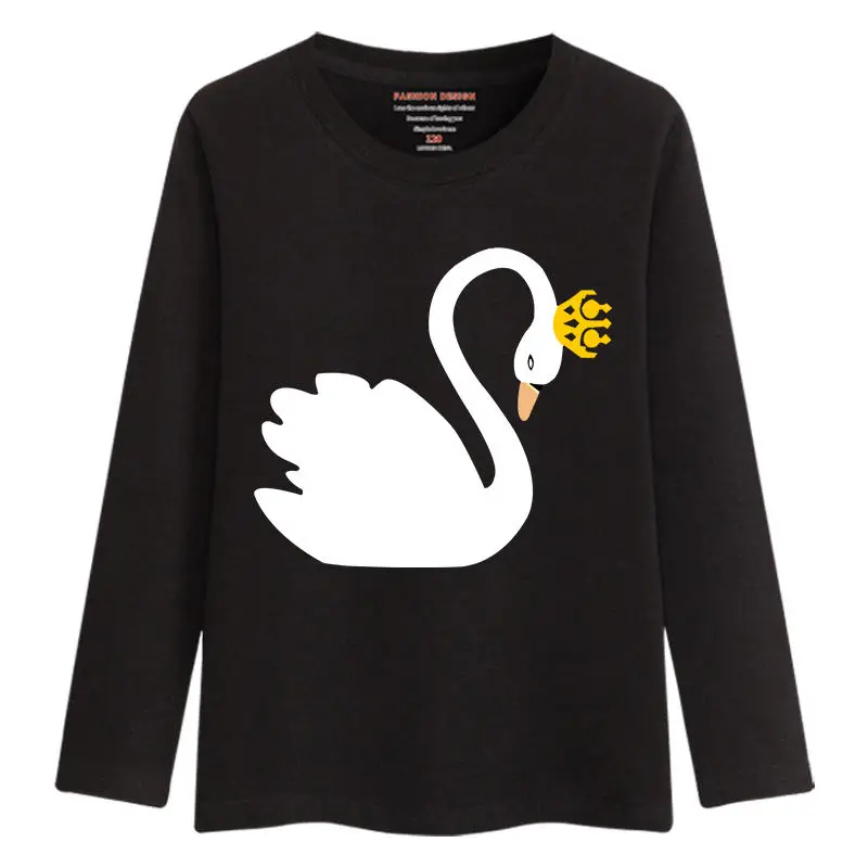 Новое поступление, свитер для маленьких девочек весна-осень г. Подростковый свитер детская одежда хлопковая Футболка с лебедем для девочек, футболки с длинными рукавами, топы - Цвет: Black LT17