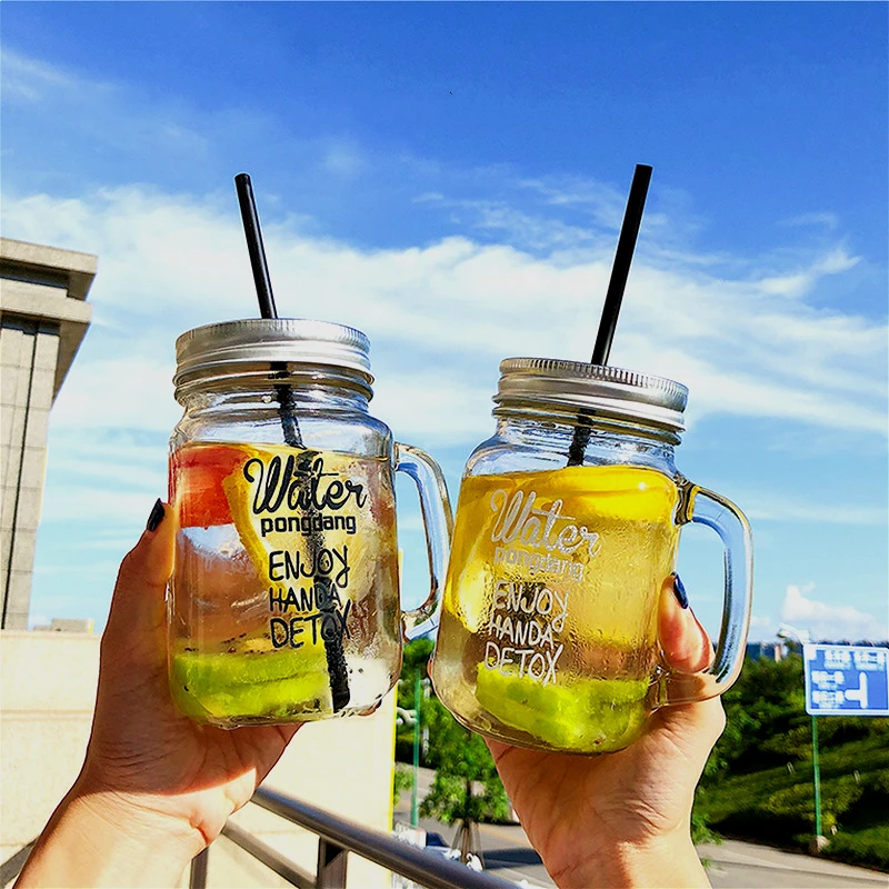 

450ml simple straw Mason cup with lid handle glass cold drink cup juice cola lemon straw mug outdoor beach drink cups