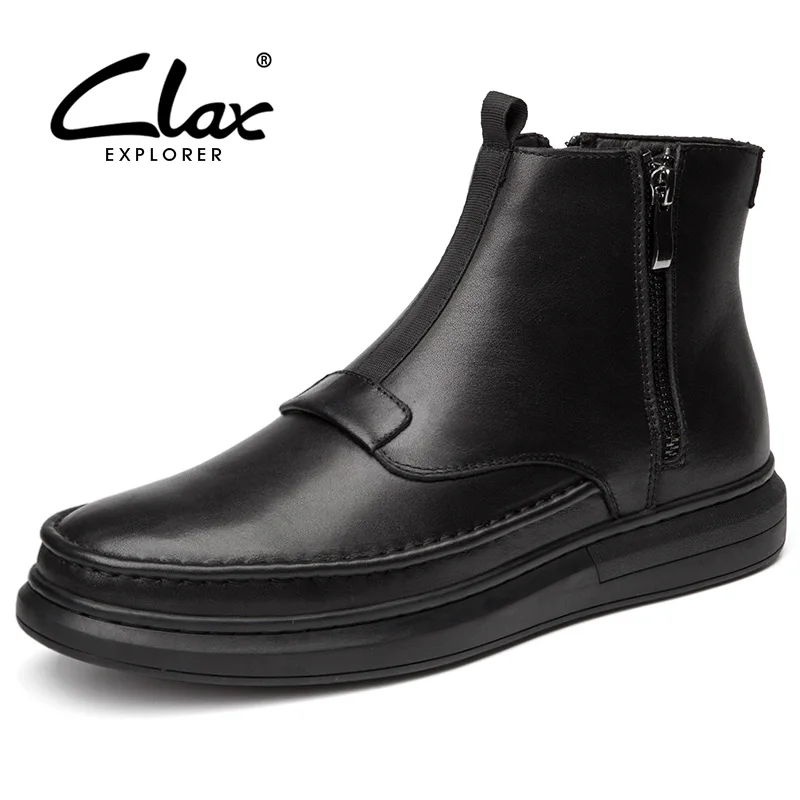 

CLAX Men Boot Zip Autumn Black Dress Shoe Genuine Leather Male Winter Warm Shoe Fur Snow Boot Casual Fashion Footwear Handmade