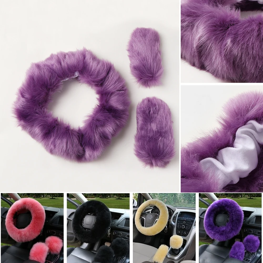 

3pcs/set Winter Car Steering-wheel Cover 7 Colors Long Wool Heated Fur Steering Wheel Cover Handbrake Case Car Accessory