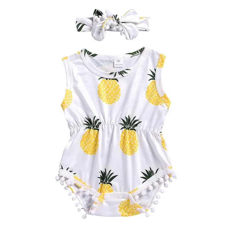 

Newborn Girls Sleeveless Rompers Set Summer Yellow Pineapple Print umpsuit with Headband Two Sets Girls Clothes