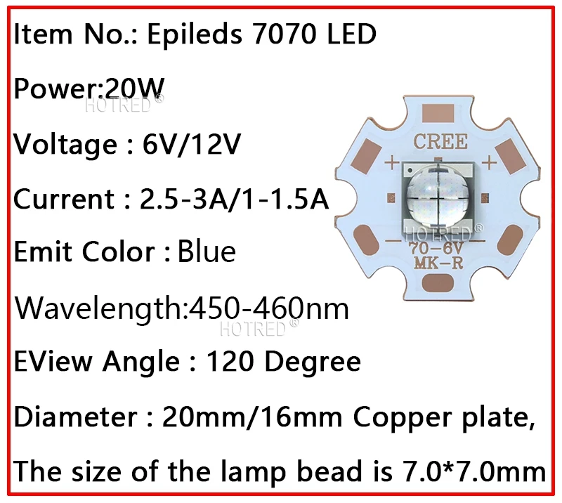 Epi светодиодный s 7070 20 Вт 12 В 6 в светодиодный сменный Cree MKR XHP70 XHP50 светодиодный излучатель холодный белый 6500 к синий светодиодный светильник с 20 мм медной печатной платой