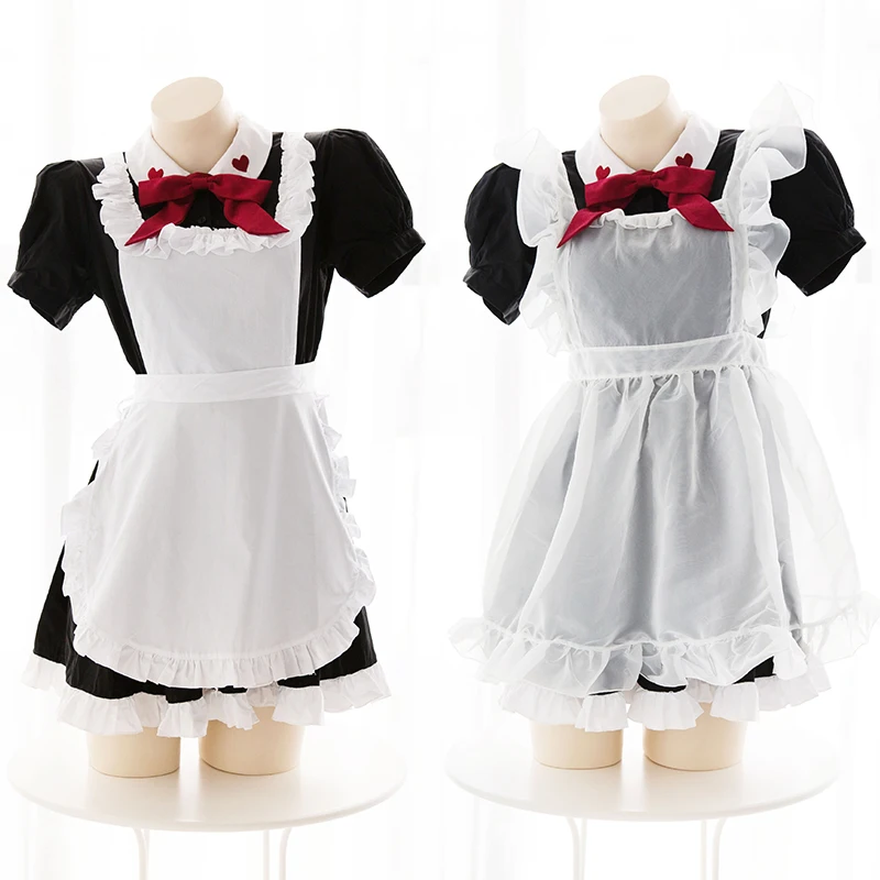 

Vintage Japanese Style Kawaii Lolita Love Embroidery Maid Apron Set Cosplay Women's Black White Uniform Dress Suit Sleepwear