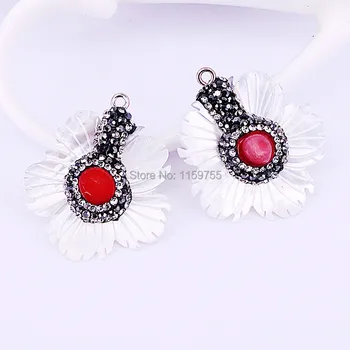 

6Pcs White Shell Carved Flower Pendant, Pave Rhinestone and Coral Bead Pendant DIY Making for Necklace Earrings Findings