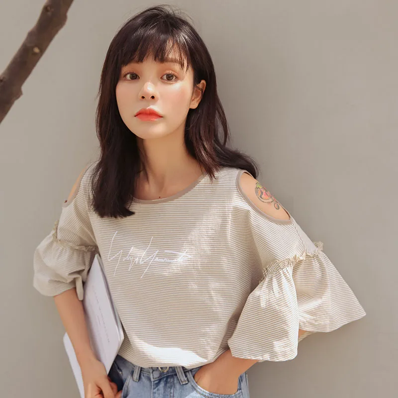 

Women's Tshirt Kawaii Student Ulzzang Striped Printed Letter Strapless T-shirt Lady Ulzzang Harajuku Ins Top For Women Chic Tee