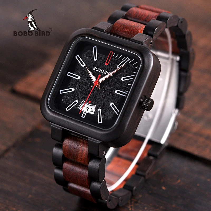 BOBO BIRD Men Watches Wooden Saat erkek Wristwatches Male Japanese movement Square Show Date Gift Cuostom logo in Wood Gift Box