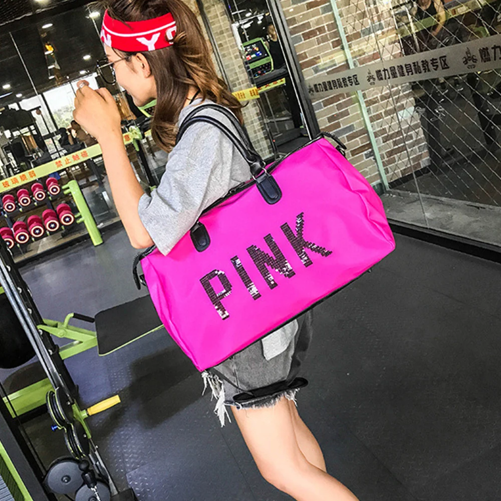 2019 Wobag Ladies Black Travel Bag Pink Sequins Shoulder Bag Women Handbag Ladies Weekend Portable Duffel Bag Waterproof Wash19