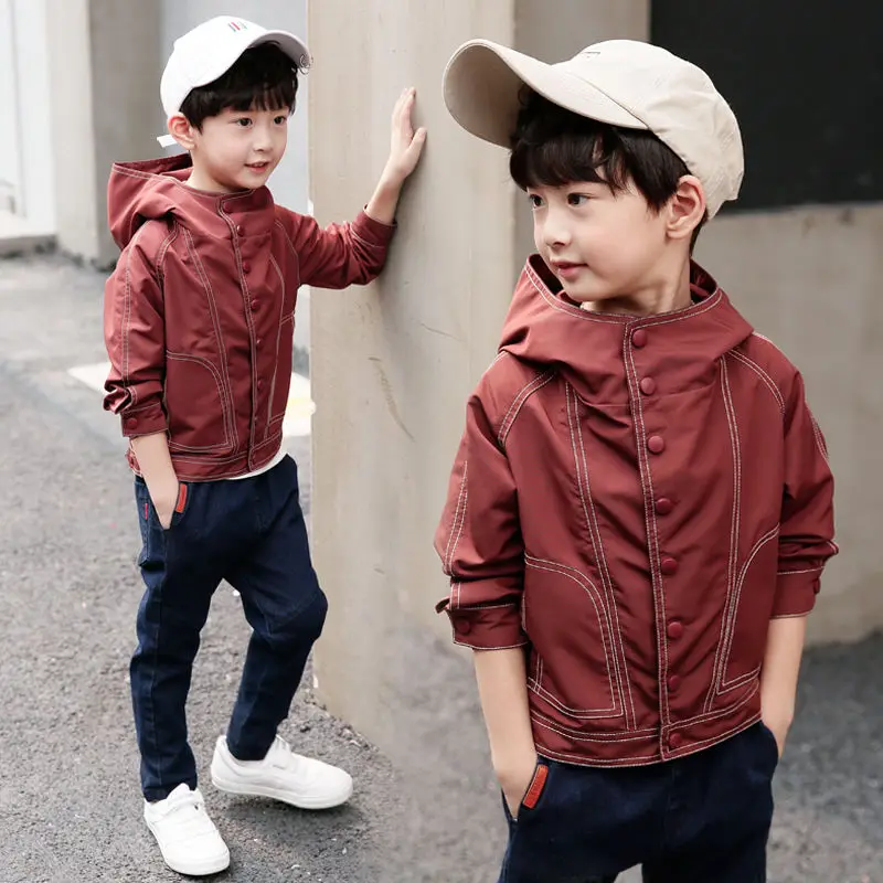 INS/Популярные уличные куртки для мальчиков куртка в Корейском стиле на осень и весну для детей от 4 до 13 лет однотонное классическое Детское пальто с капюшоном и вышивкой