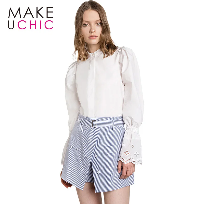 MAKEUCHIC 2017 Fashion Blouse Women Casual Cut Out Full Sleeve Solid White Tops Preppy Loose Button Pleated Female Shirts |