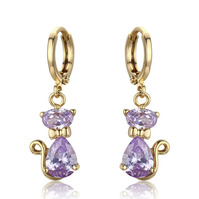 

Cute Kitten Cats Gatos Light Purple CZ Circle Loop Drop Earrings For Women Girls Kids Children Yellow Gold Color Jewelry Aros