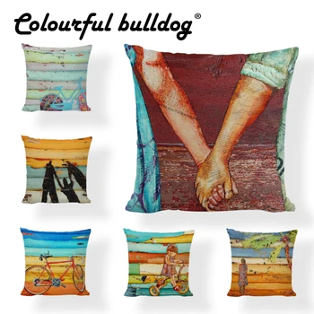 

Seascape Oil Painting Cushion Cover Couple Bicycle Umbrella 43*43cm Sea View Home Office Couch Beach Wedding Decorate Pillowcase