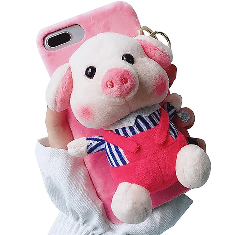 

Cartoon Doll Toy Piggy Phone Case, 3d Cute Stripes Plush Strap Pig Soft Cover with Bracket Stand for iPhone XR XS MAX Case Cover