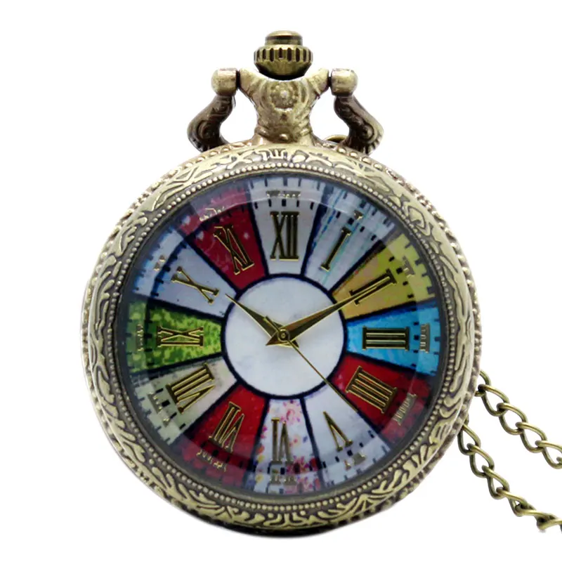 Бронзовый цветной циферблат римский номер кварцевые карманные часы ожерелье кулон P193