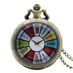 2014 Новый Бронзовый красочный циферблат римский номер кварцевые карманные часы ожерелье кулон P193 Бесплатная доставка