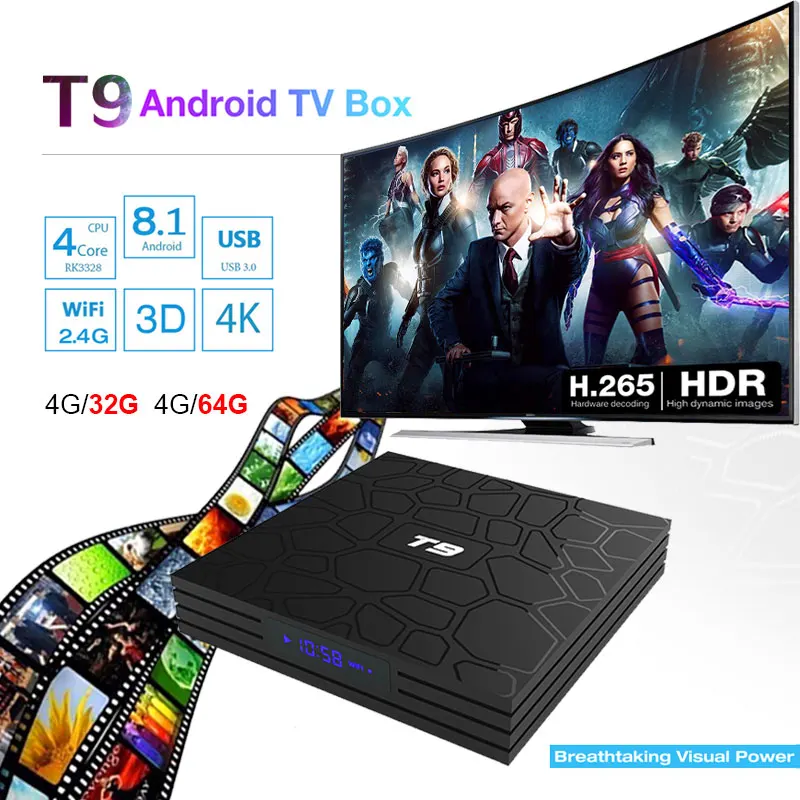 T9 Android 8.1 Oreo TV BOX 4GB+64GB//32GB WiFi+Bluetooth Quad Core H.265 4K HD 3D