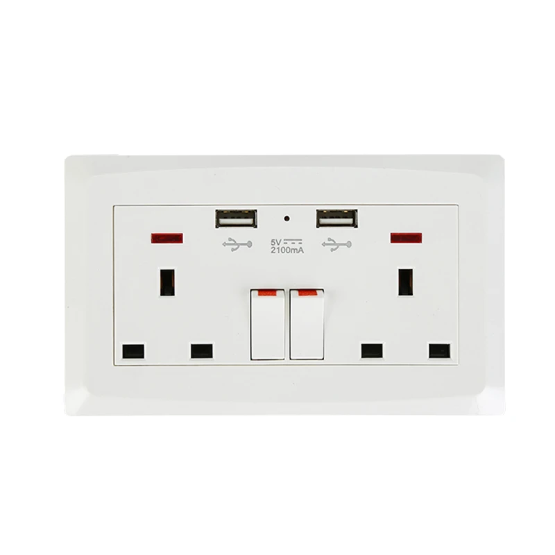 

British PC 13A Switch Socket USB With Neon 220V-250V 50/60Hz 2100MA CE Push Button Switch Safe Home Use Accessories