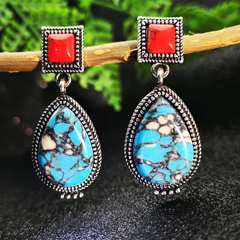 Этнические богемные красные, голубой бирюзовый массивные серьги, античное серебро, натуральный камень, висячие серьги для женщин, ювелирные изделия в стиле бохо - Окраска металла: Посеребренный