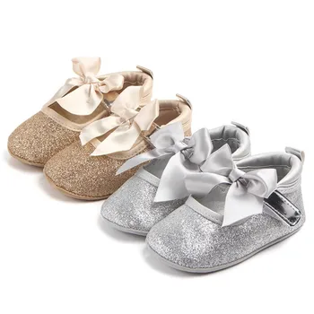 

3 Styles Baby Shoes Newborn Girls Ribbon Bow Shallow First Walker Anti Slip infan Moccasins Golden Silver Baby Girl Shoes