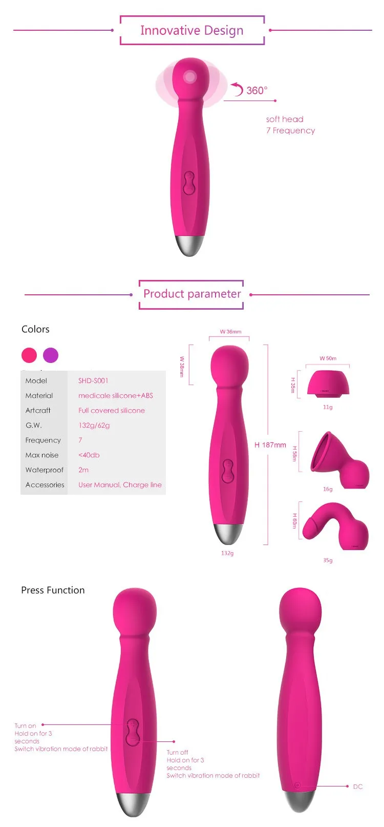 SHD-S001 Silicone Pink/Purple Color Magic Wand Vibrator Dildos for Women G Spot with 3 Massager Headgear and 7 Mode Vibration 7