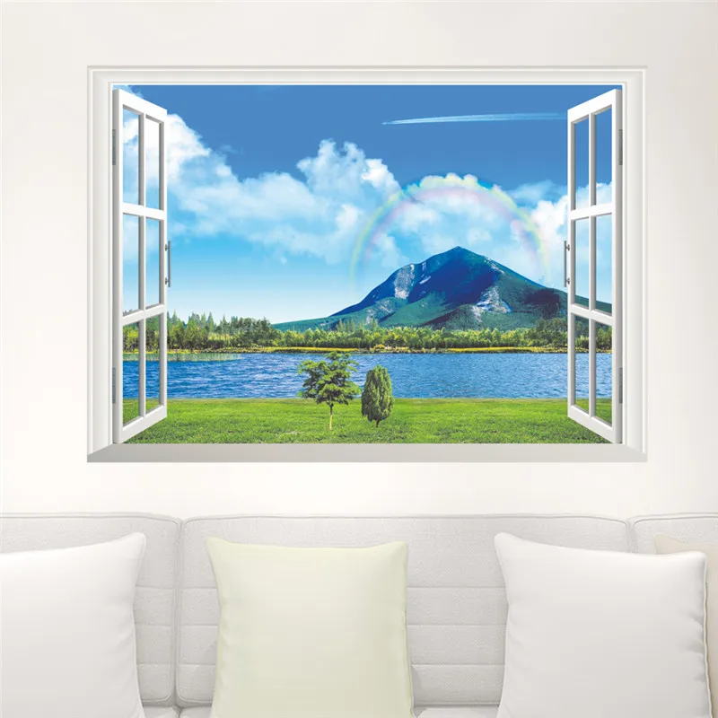 

Natural Mountain Lake Rainbow Tree Scenery Wall Sticker Living Room Bedroom Sofa home Decor 3D Window Wall Decals Mural