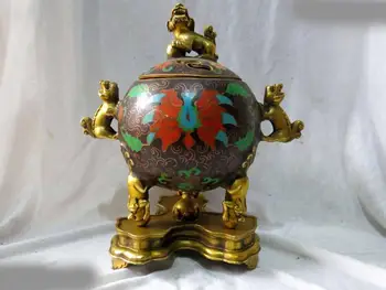 

China bronze gold Cloisonne carved fine Foo Dogs lion play bead Incense burner