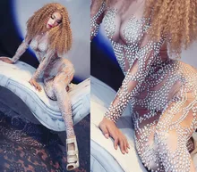 Sexy Pearls Stones Spandex Jumpsuit Birthday Party Leggings Outfit Female Singer Dancer Bodysuit Costume Nightclub Wear yellow tiger pattern printed sexy jumpsuit skinny leggings rompers nigthclub singer dancer performance stage show nude costume