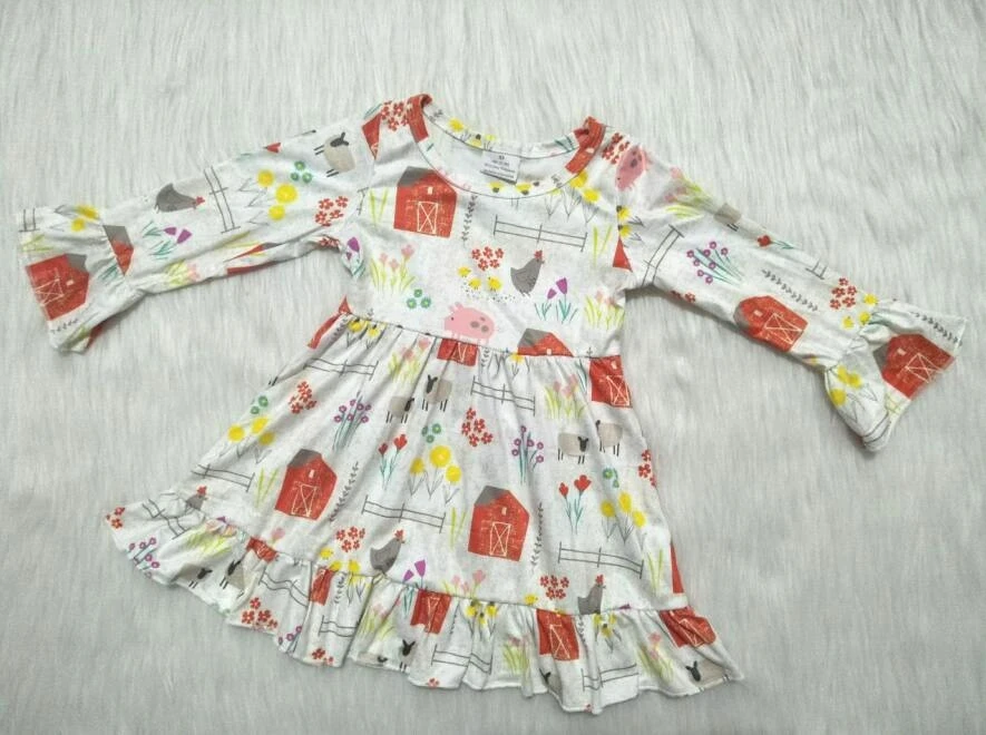 

Fashion cartoon pattern baby girls long sleeve house flower chicken kids boutique children's clothing wholesale/retail gxj