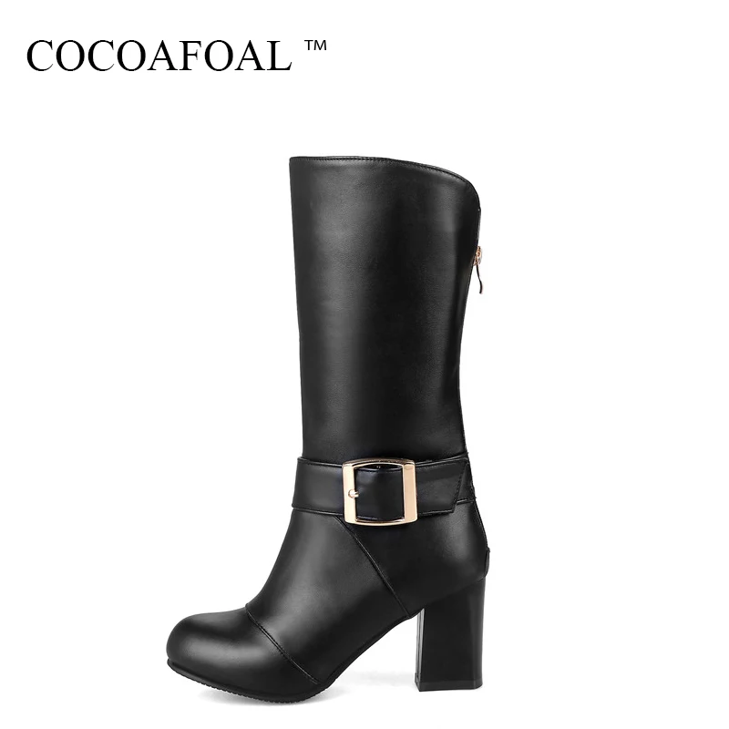 

COCOAFOAL Women's Fashion Buckle Chelsea Boots Autumn Winter Round Toe Mid Calf Boots Plus Size 33 43 Black High Heeled Shoes