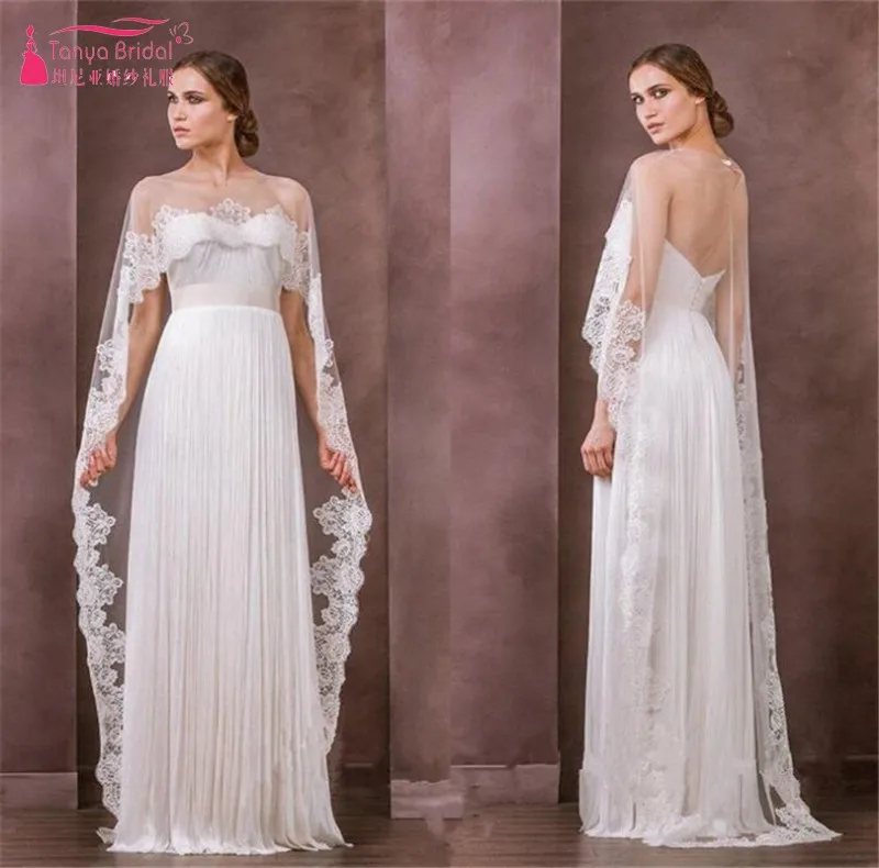 

White/Ivory Long Wedding Cape With Lace Edge Illusion Neck Elegant Bride Wrap In Stock Real Photo DQG963