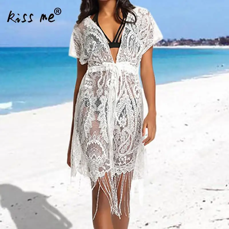 

Drawstring Lace Female Cardigan White Beach Cover Up Women's Tunic Transparent Beachwear Cover-Ups Summer Clothes for Women