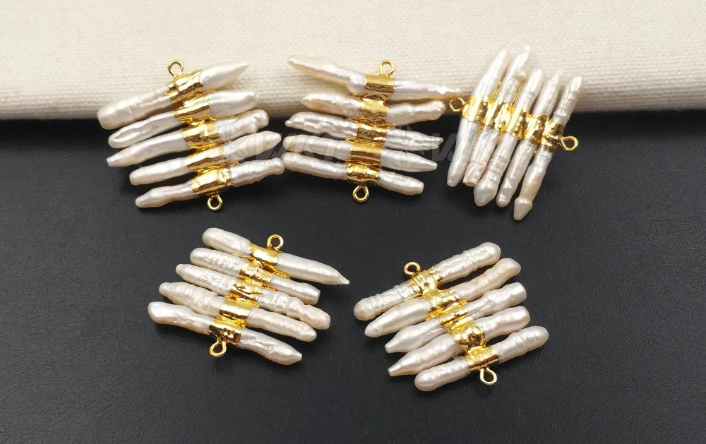 WT-JP039 Wholesale Tiny Stick Natural Freshwater Pearl Connector Charm Accessory With Gold Electroplated for Jewelry